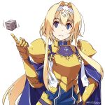  1girl alice_zuberg armor bangs blonde_hair blue_cape blue_dress blue_eyes blush breastplate cape closed_mouth commentary_request dated dot_nose dress frown hair_intakes hairband hand_on_hip hand_up highres index_finger_raised long_hair looking_at_viewer pauldrons revision shikei short_hair_with_long_locks shoulder_armor sidelocks signature simple_background solo sword_art_online upper_body white_background 