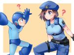 1boy 1girl android blue_eyes blush breasts brown_hair capcom color_connection company_connection female_service_cap fingerless_gloves gloves hat helmet jill_valentine nagare police police_badge police_hat police_uniform policewoman resident_evil robot rockman rockman_(character) rockman_(classic) short_hair uniform 