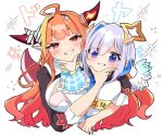  2girls ahoge amane_kanata angel_wings armband bangs black_hairband black_jacket blonde_hair blue_eyes blue_hair blunt_bangs blush bow cleavage_cutout clothing_cutout collared_shirt colored_inner_hair commentary_request diagonal-striped_bow dragon_girl dragon_horns dragon_tail feathered_wings grin hair_between_eyes hair_bow hair_ornament hairband halo hand_on_another&#039;s_face highres hololive horn_bow horns jacket kiryuu_coco long_hair long_sleeves looking_at_viewer multicolored_hair multiple_girls orange_hair pink_hair pointy_ears red_eyes scales shirt short_hair silver_hair simple_background slit_pupils smile smug striped striped_bow symbol_commentary tail two-tone_hair upper_body virtual_youtuber white_background white_shirt wings yukito_(hoshizora) 