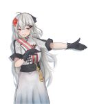  1girl absurdres alternate_costume alternate_uniform bangs black_gloves black_ribbon blush eyebrows_visible_through_hair girls_frontline gloves hair_ribbon hand_on_own_chest highres iws-2000_(girls_frontline) long_hair looking_at_viewer open_mouth red_eyes ribbon silver_hair solo standing taishi_karibe white_background 