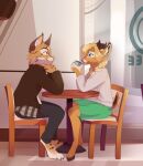  anthro beverage cervid chair coffee cup duo felid feline female feve furniture hi_res lynx male male/female mammal table 