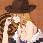  1girl bangs blonde_hair blue_bra bra braid breasts brown_background brown_eyes brown_headwear character_request cleavage collarbone cookie crown_braid eating eyebrows_visible_through_hair food hair_between_eyes hat holding holding_food kaijin_reijou large_breasts long_hair official_art open_mouth shiny shiny_hair solo tashiro_tetsuya torn_clothes underwear upper_body 