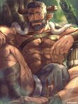  1boy abs arm_hair bara beard broken_horn bulge cape chest_hair chest_harness chinese_zodiac cow_horns dark_skin dark_skinned_male draph facial_hair feet_out_of_frame fur-trimmed_cape fur_trim granblue_fantasy hairy harness highres horns knee_up leg_hair loincloth male_cleavage male_focus mature_male muscular muscular_male mustache navel navel_hair nipples old old_man onionworkshop original pectorals pointy_ears red_eyes scar scar_across_eye short_hair sidepec solo spread_legs stomach thighs torn_clothes year_of_the_ox 