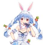  1girl :d animal_ear_fluff animal_ears bangs bare_shoulders black_gloves black_leotard blue_hair blush bow braid bunny_ears carrot_hair_ornament commentary_request detached_sleeves don-chan_(usada_pekora) dress eyebrows_visible_through_hair food_themed_hair_ornament fur-trimmed_gloves fur_trim gloves hair_between_eyes hair_bow hair_ornament hand_on_hip hand_to_own_mouth hand_up hololive leotard long_hair multicolored_hair open_mouth puffy_short_sleeves puffy_sleeves red_eyes rei_(rei&#039;s_room) round_teeth short_eyebrows short_sleeves simple_background smile strapless strapless_dress strapless_leotard teeth thick_eyebrows twin_braids twintails two-tone_hair upper_body upper_teeth usada_pekora very_long_hair virtual_youtuber white_background white_bow white_dress white_hair white_sleeves 