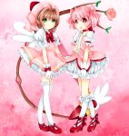  bow brown_hair cardcaptor_sakura dress flower fuuin_no_tsue gloves gradient gradient_background green_eyes highres jewelry kaname_madoka kinomoto_sakura mahou_shoujo_madoka_magica maki65 necklace pink_background pink_dress pink_eyes pink_flower pink_hair red_footwear ribbon rose white_legwear 