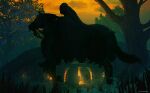  2boys anatofinnstark artist_name black_cloak cloak door english_commentary from_below from_side grass hobbit hood hooded_cloak horse house lord_of_the_rings multiple_boys nature nazgul open_door outdoors red_eyes red_sky scenery sky solo_focus sunset tree 