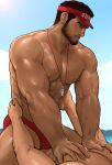  2boys abs bara bare_pecs beard black_hair blush brown_hair bulge cloud cloudy_sky dark_skin dark_skinned_male eye_contact facial_hair from_side grabbing groping hands_on_another&#039;s_hips highres imminent_sex jang_ju_hyeon large_pectorals lifeguard looking_at_another male_focus male_swimwear mature_male multiple_boys muscular muscular_male nipples original pectoral_grab profile red_male_swimwear reward_available short_hair sideburns sitting sitting_on_person sky stomach stubble sweat swim_briefs swimwear thick_thighs thighs whistle whistle_around_neck yaoi 