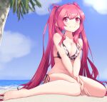  1girl :3 animal_print bangs bare_shoulders barefoot beach between_legs bikini blue_scrunchie breasts cleavage cloud commentary_request cow_print eyebrows_visible_through_hair hair_between_eyes halterneck hand_between_legs highres kuro_(be_ok) long_hair medium_breasts navel ocean palm_tree pink_eyes pink_hair pink_scrunchie rasis scrunchie side-tie_bikini sitting sky smile sound_voltex swimsuit toes tree twintails v_arms very_long_hair wariza water 