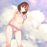  1girl bangs bikini blush breasts brown_eyes brown_hair character_request cleavage closed_mouth cloud collarbone day eyebrows_visible_through_hair frilled_bikini frills from_below groin hair_between_eyes kaijin_reijou long_hair looking_at_viewer looking_down navel official_art outdoors pink_bikini pink_ribbon ribbon shiny shiny_hair side-tie_bikini small_breasts smile solo summer swimsuit tashiro_tetsuya underboob 