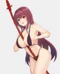  1girl bangs bikini blush breasts collarbone eyebrows_visible_through_hair fate/grand_order fate_(series) gae_bolg_(fate) grey_background hair_between_eyes halterneck large_breasts long_hair navel open_mouth purple_hair red_eyes scathach_(fate) scathach_(fate)_(all) smile solo swimsuit very_long_hair 