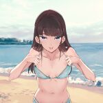  1girl bangs beach bikini blue_bikini blue_eyes breasts brown_hair character_request cleavage closed_mouth cloud cloudy_sky collarbone covered_nipples day eyebrows_visible_through_hair floral_print groin kaijin_reijou leaning_forward long_hair looking_at_viewer multi-strapped_bikini navel ocean official_art outdoors print_bikini shiny shiny_hair sky small_breasts smile solo straight_hair summer swimsuit tashiro_tetsuya tongue tongue_out upper_body 