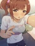  1girl :o bangs black_shorts blunt_bangs brown_eyes brown_hair commentary_request eyebrows_visible_through_hair highres idolmaster idolmaster_cinderella_girls igarashi_kyouko looking_at_viewer ponytail selfie seneto shirt short_hair short_sleeves shorts standing t-shirt white_shirt 