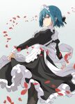  1girl alice_gear_aegis apron black_dress black_legwear black_ribbon blue_hair braid commentary_request dress highres looking_at_viewer looking_back maid maid_apron maid_headdress mia_viosin petals pinakes ribbon skirt_hold smile solo yellow_eyes 