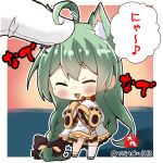  1boy 1girl :3 :d ahoge akashi_(azur_lane) animal_ears azur_lane blush cat_ears chibi commander_(azur_lane) commentary_request eyebrows_visible_through_hair gloves green_hair long_hair looking_at_viewer minigirl mole mole_under_eye open_mouth petting pov sidelocks signature simple_background size_difference sleeves_past_wrists smile standing taisa_(kari) translation_request twitter_username two-tone_background white_gloves wide_sleeves 
