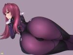  armor ass back bodysuit fate/grand_order fate_(series) long_hair lyotanc pauldrons purple_bodysuit purple_hair red_eyes scathach_(fate) scathach_(fate)_(all) shoulder_armor simple_background thighs very_long_hair 