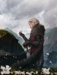  1girl anatofinnstark artist_name crown day eowyn flower from_side fur-trimmed_jacket fur_trim gauntlets grave holding holding_flower holding_sword holding_weapon jacket lord_of_the_rings outdoors profile scenery short_hair solo standing sword tree weapon white_flower 