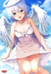  1girl angel angel_wings bare_arms bare_shoulders breasts dokyuu_hentai_hxeros dress green_eyes halo long_hair looking_at_viewer official_art open_mouth ryouma_(galley) skirt skirt_lift solo white_dress white_hair white_wings wings 