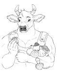  2021 anthro biceps black_nose bovid bovine cattle clothing dropping_object fungus hi_res holding_object horn irrisorie line_art male mammal muscular muscular_anthro muscular_male mushroom overalls overalls_only pecks simple_background solo white_background 