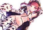  1girl 2021 akasaai animal_ears animal_print arm_up armpits arrow_through_heart bangs bra breasts chinese_zodiac choker covered_nipples cow_ears cow_horns cow_print cow_tail ear_tag groin hat heterochromia highres hololive horns houshou_marine jacket long_hair long_sleeves looking_at_viewer lying medium_breasts medium_hair navel o-ring on_side open_clothes open_jacket panties red_choker red_eyes red_hair side-tie_panties solo tail thighhighs two_side_up underboob underwear virtual_youtuber year_of_the_ox yellow_eyes 