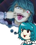  1girl :p bangs blue_eyes blue_hair blue_vest blush blush_stickers closed_mouth commentary constricted_pupils eyebrows_visible_through_hair fangs frilled_shirt frills glowing glowing_eye heterochromia imagining juliet_sleeves karakasa_obake long_sleeves looking_at_viewer mouth_pull open_mouth parasite_oyatsu parody puffy_sleeves red_eyes shirt short_hair simple_background style_parody tatara_kogasa teeth thought_bubble tongue tongue_out touhou umbrella upper_body vest white_background white_shirt zun_(style) 