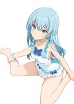  1girl alice_gear_aegis aqua_eyes blue_hair bow chooker commentary_request frills ochanomizu_mirie one-piece_swimsuit pinakes simple_background solo swimsuit white_background 