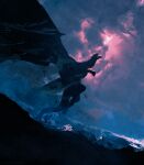  anatofinnstark ancalagon cloud cloudy_sky dragon from_side glowing glowing_eye highres lord_of_the_rings mountain no_humans open_mouth red_sky scenery sky stone 