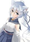  1girl :o ahoge animal_ear_fluff animal_ears asashio_(azur_lane) azur_lane bell blue_eyes blue_hair blue_ribbon blue_sash blue_skirt bow breasts cat_ears cat_girl cat_tail detached_sleeves eyebrows_visible_through_hair grey_bow hair_between_eyes hakama_skirt highres japanese_clothes jingle_bell long_hair medium_breasts mstlp ribbon sash simple_background skirt solo tail upper_body white_background 