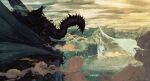  1boy anatofinnstark armor black_cloak city claws cloak cloud cloudy_sky creature crown fellbeast from_side highres lord_of_the_rings minas_tirith mountain mountainous_horizon nazgul outdoors sky wings witch_king_of_angmar 