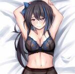  1girl absurdres arms_behind_head black_bra black_hair black_legwear blue_bow blush bow bra bra_strap breasts cleavage closed_mouth collarbone eyebrows_visible_through_hair girls_frontline hair_bow highres jericho_(girls_frontline) long_hair looking_at_viewer lying medium_breasts mole mole_under_eye multicolored_hair navel on_back pantyhose purple_eyes simple_background solo stomach taishi_karibe underwear 
