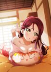  1girl absurdres bangs bed blush breasts cleavage feet highres indoors kougi_hiroshi long_hair looking_at_viewer love_live! love_live!_sunshine!! lying on_stomach open_mouth pillow red_hair room sakurauchi_riko soles solo squeezing takami_chika the_pose yellow_eyes 