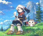  1girl arm_support black_hair chorefuji closed_mouth cloud commentary_request day eating eyelashes female_protagonist_(pokemon_legends:_arceus) gen_7_pokemon grass grey_eyes head_scarf holding long_hair looking_to_the_side mountain outdoors pokemon pokemon_(creature) pokemon_(game) pokemon_legends:_arceus ponytail rowlet sash scarf sidelocks sitting sky socks starter_pokemon tree white_headwear 
