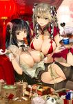  2girls bangs baozi bikini black_hair black_legwear blue_eyes blush bra breasts brown_eyes china_dress chinese_clothes cleavage crotch_cutout double_bun dress food gloves hair_ornament hair_ribbon highres lantern large_breasts light_brown_hair long_hair looking_at_viewer macaron mouth_hold multiple_girls open_mouth original panties pantyhose red_bikini ribbon short_hair side-tie_panties smile souji_hougu swimsuit thighband_pantyhose tray underwear untied untied_panties white_gloves yellow_bra yellow_panties 