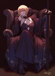  1girl absurdres armchair artoria_pendragon_(all) black_bow black_dress black_footwear blonde_hair boots bow braid breasts chair crown_braid dress excalibur_morgan_(fate) fate/grand_order fate_(series) hair_bow highres jinlin long_dress long_sleeves saber_alter sitting small_breasts solo yellow_eyes 