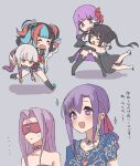  6+girls bangs bb_(fate) bb_(fate)_(all) black_hair blindfold blue_hair blue_shirt blush breasts carrying chibi closed_eyes collar double_bun dress earrings fate/extra fate/extra_ccc fate/grand_order fate/stay_night fate_(series) hair_ribbon hug indian_clothes jewelry kama_(fate) kopaka_(karda_nui) large_breasts long_hair long_sleeves matou_sakura multicolored_hair multiple_girls necklace open_mouth parvati_(fate) purple_collar purple_eyes purple_hair red_eyes red_hair red_ribbon ribbon rider sei_shounagon_(fate) shirt short_hair silver_hair smile strapless strapless_dress translation_request twintails very_long_hair yang_guifei_(fate) 