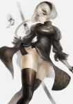  1girl black_blindfold black_footwear black_gloves black_hairband black_legwear blindfold boots breasts cleavage cleavage_cutout clothing_cutout feather-trimmed_sleeves feather_trim floating floating_object floating_weapon gloves grey_background grey_hair hairband highres ito_(silva) knee_boots nier_(series) nier_automata pod_(nier_automata) puffy_sleeves robot see-through short_hair simple_background skindentation sword thighhighs thighs turtleneck weapon yorha_no._2_type_b 