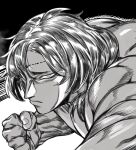 1boy ahoge clenched_hand fingernails greyscale hatching_(texture) highres kengan_ashura looking_at_viewer male_focus monochrome muscular muscular_male solo speed_lines upper_body urec veins 