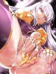  1girl armor ass_visible_through_thighs bangs bare_shoulders bikini_armor bracelet breasts circlet crotch detached_sleeves dress earrings fate/grand_order fate_(series) from_below hair_ribbon hajime_kaguchi jewelry kama_(fate) large_breasts long_hair looking_at_viewer looking_down open_mouth purple_dress purple_legwear purple_sleeves red_eyes ribbon ring silver_hair smile thighhighs thighlet thighs 