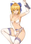  1girl 1other ahoge arm_above_head arm_grab arm_up armpits artoria_pendragon_(all) bangs bare_shoulders blonde_hair blue_bow bow bra breasts closed_mouth collarbone commentary_request elbow_gloves eyebrows_visible_through_hair face fate/grand_order fate_(series) frown garter_belt gloves green_eyes hair_bow highres looking_at_viewer medium_hair panties ponytail revision saber simple_background sitting small_breasts solo_focus thighhighs tsuki_suigetsu underwear underwear_only white_background white_bra white_gloves white_legwear white_panties 