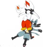  anthro big_ears black_legs blue_body blue_fur blush cinderace duo fluffy fluffy_tail fur hair hi_res lucario nintendo open_mouth pok&eacute;mon pok&eacute;mon_(species) red_eyes simple_background smile spread_arms video_games white_body white_fur yairo ying_on_ground 