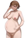  1girl bangs big_belly blunt_bangs blush braid breasts brown_hair completely_nude crown_braid female_pubic_hair hand_in_hair hand_on_own_stomach kasseus_maximus medium_breasts navel niijima_makoto nipples nude persona persona_5 pregnant pubic_hair pussy red_eyes sagging_breasts short_hair solo standing thighs uncensored veins veiny_breasts white_background 
