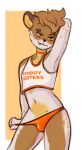  anthro brown_body brown_eyes brown_fur choker clothing femboy_hooters fur girly hi_res jewelry looking_at_viewer male mammal marten mustelid musteline navel necklace orange_clothing orange_underwear oridore solo spots spotted_body underwear white_body white_fur 