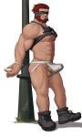  1boy abs alternate_costume ass bara beard black_tank_top blindfold bound bound_wrists bulge chest_hair commission erection erection_under_clothes facial_hair fate/extella fate/extella_link fate/extra fate_(series) full_body hairy highres iskandar_(fate) jockstrap large_pectorals leg_hair male_focus male_underwear mature_male muscular muscular_male navel navel_hair nipples no_pants official_alternate_costume red_hair shirt_lift short_hair solo stomach tank_top thick_thighs thighs underwear white_male_underwear whyhelbram 