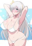  1girl anastasia_(fate) armpits arms_behind_head arms_up bangs bare_shoulders bikini blue_eyes blue_sky blush breasts cleavage collarbone fate/grand_order fate_(series) hair_over_one_eye hairband highres large_breasts long_hair looking_at_viewer navel open_mouth silver_hair sky swimsuit very_long_hair wagokinesis wet white_bikini 