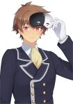  1boy ascot bangs black_jacket brown_hair collared_shirt cosplay eye_mask gloves green_eyes grin hand_up highres holding holding_mask jacket kinu_(le) kono_subarashii_sekai_ni_shukufuku_wo! looking_at_viewer male_focus mask mask_removed red_eyes satou_kazuma shirt short_hair simple_background smile solo teeth vanir vanir_(cosplay) white_background white_gloves white_shirt 