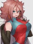  1girl android_21 blue_eyes breasts checkered checkered_dress dragon_ball dragon_ball_fighterz dress earrings glasses grey_background hair_between_eyes hoop_earrings jewelry kemachiku labcoat long_hair looking_at_viewer medium_breasts open_mouth red_hair simple_background smile solo 