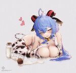  1girl ahoge animal_ears animal_print bangs bare_shoulders bell blue_hair blush bottle bottomless bra breasts cleavage commentary_request cow_ears cow_print cow_tail ear_piercing elbow_gloves eyebrows_visible_through_hair fang ganyu_(genshin_impact) genshin_impact gloves goat_horns hand_on_own_chest hand_up heart heart-shaped_pupils holding holding_hair horns l_ract large_breasts long_hair looking_at_viewer lying milk milk_bottle neck_bell piercing print_bra print_gloves print_legwear sidelocks skin_fang solo spill spilled_milk symbol-shaped_pupils tail thighhighs underwear yellow_eyes 