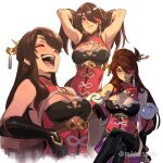  1girl artist_name beidou_(genshin_impact) black_gloves blush breasts brown_eyes brown_hair cleavage cleavage_cutout clothing_cutout cropped_torso crossed_legs dress eyepatch eyeshadow genshin_impact gloves hair_ornament hair_over_one_eye hair_stick hands_in_hair highres laughing long_hair looking_at_viewer looking_to_the_side makeup medium_breasts mikkusushi multiple_views one_eye_covered open_mouth parted_lips red_dress red_eyeshadow thighhighs 