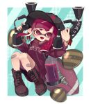  1girl absurdres american_football_(object) artist_name bandaid bandaid_on_knee bandaid_on_leg bangs bike_shorts black_shorts blunt_bangs blunt_ends boots clam_shell colored_tongue commentary domino_mask dual_wielding fang fangs floating highres holding ink_tank_(splatoon) inkling inkling_(language) knees_up long_hair long_sleeves looking_at_viewer mask mikoshiba_m open_mouth pointy_ears print_shirt purple_eyes purple_footwear purple_hair purple_shirt purple_tongue shirt shorts signature single_vertical_stripe skin_fang smile solo splat_dualies_(splatoon) splatoon_(series) splatoon_2 straight-laced_footwear tentacle_hair 