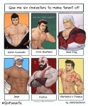  6+boys abs absurdres aegir_(tokyo_houkago_summoners) anchor_earrings aqua_hair arm_tattoo bald bara beard biceps black_hair black_kimono bleach blue_eyes blush bodysuit boku_no_hero_academia character_name chest_hair chest_harness chest_tattoo chris_redfield completely_nude crossed_arms crossover dark_skin dark_skinned_male earrings eyewear_on_head facial_hair facial_tattoo flexing god_of_war green_eyes groin gyee hairy harness head_tilt highres japanese_clothes jewelry kan_sekijirou kimono kratos kurosaki_isshin large_pectorals male_focus male_pubic_hair mature_male multicolored_hair multiple_boys multiple_crossover muscular muscular_male navel navel_hair nipples nude open_clothes open_kimono open_shirt pose priapus priapus_a._tarou pubic_hair red_bodysuit red_pupils resident_evil resident_evil_5 short_hair sideburns single_earring six_fanarts_challenge smile smug spiked_hair stomach stomach_tattoo streaked_hair stubble tattoo tokyo_houkago_summoners white_hair whyhelbram 