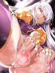  1girl armor ass_visible_through_thighs bangs bare_shoulders bikini_armor bracelet breasts circlet crotch detached_sleeves dress earrings fate/grand_order fate_(series) from_below hair_ribbon hajime_kaguchi jewelry kama_(fate) large_breasts long_hair looking_at_viewer looking_down open_mouth purple_dress purple_legwear purple_sleeves pussy red_eyes ribbon ring silver_hair smile spread_pussy thighhighs thighlet thighs 